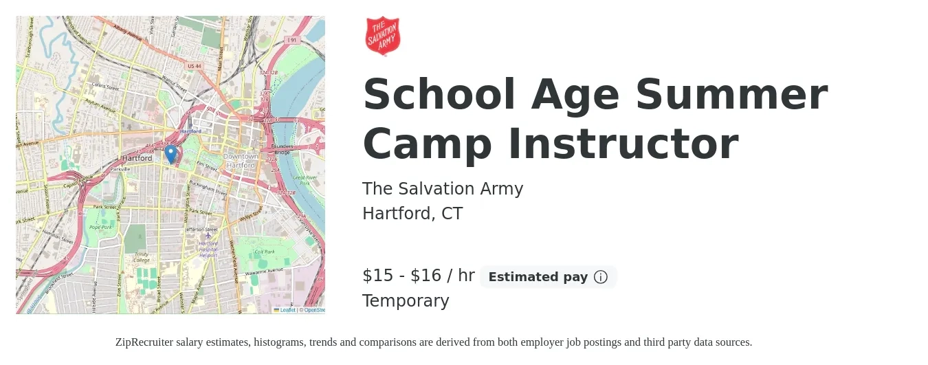 The Salvation Army job posting for a School Age Summer Camp Instructor in Hartford, CT with a salary of $16 to $17 Hourly with a map of Hartford location.