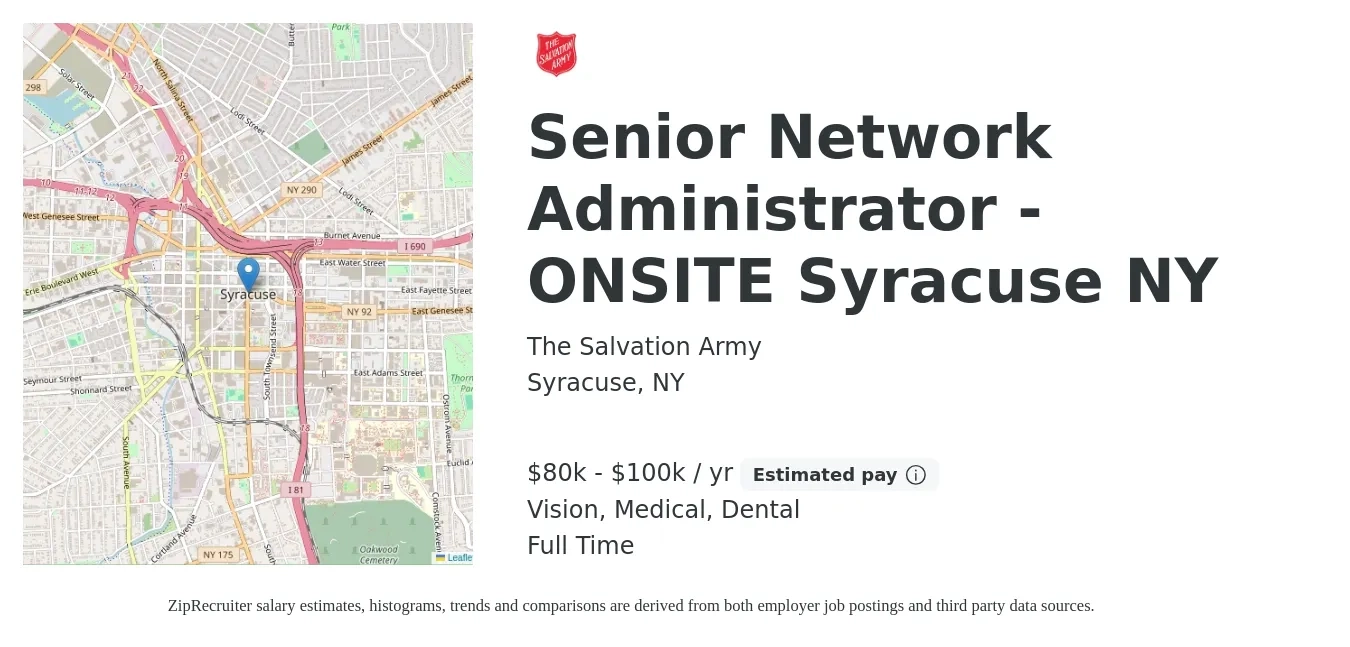 The Salvation Army job posting for a Senior Network Administrator - ONSITE Syracuse NY in Syracuse, NY with a salary of $80,000 to $100,000 Yearly and benefits including medical, vision, dental, and life_insurance with a map of Syracuse location.