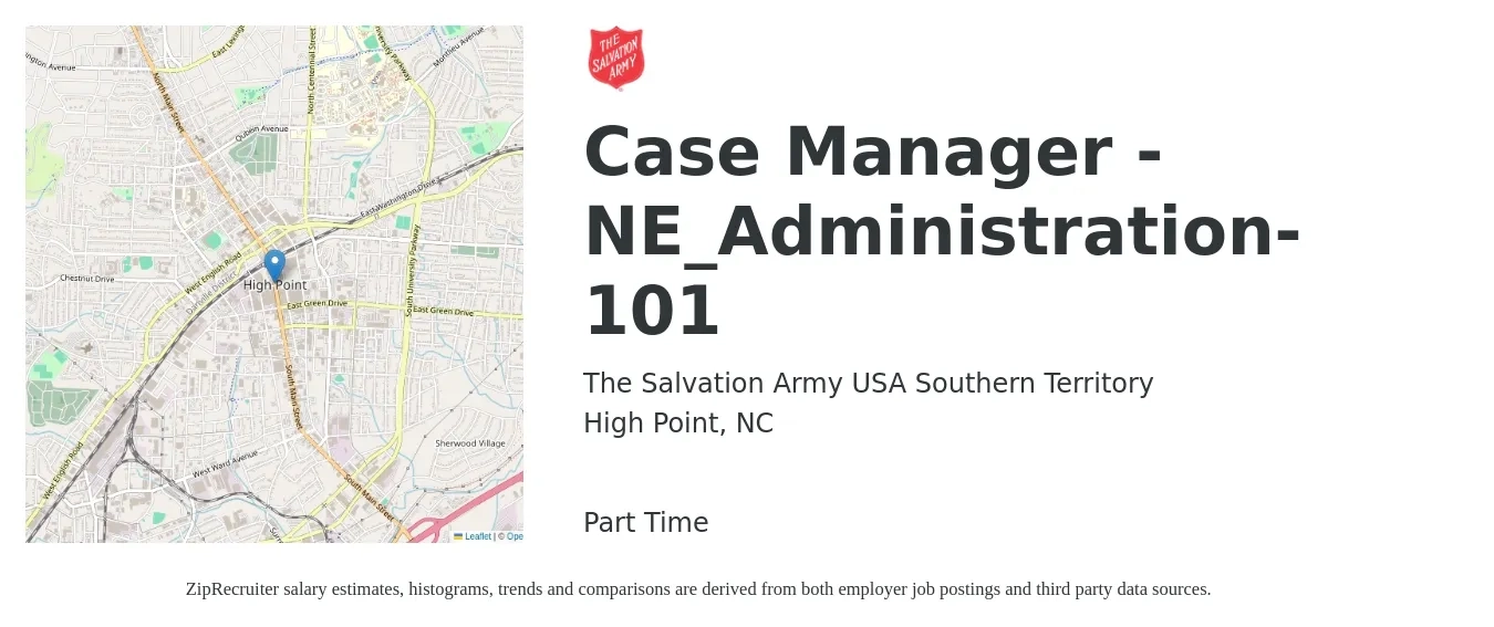 The Salvation Army USA Southern Territory job posting for a Case Manager - NE_Administration-101 in High Point, NC with a salary of $18 to $23 Hourly with a map of High Point location.
