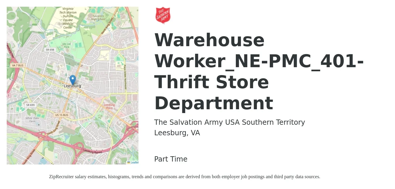 The Salvation Army USA Southern Territory job posting for a Warehouse Worker_NE-PMC_401-Thrift Store Department in Leesburg, VA with a salary of $17 to $20 Hourly with a map of Leesburg location.