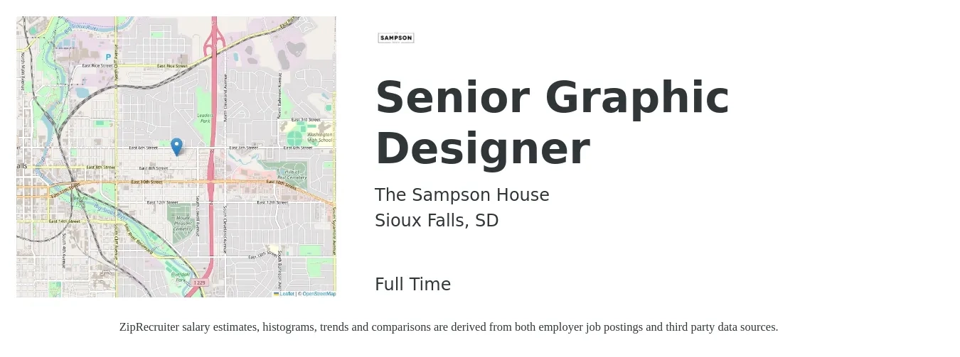 The Sampson House job posting for a Senior Graphic Designer in Sioux Falls, SD with a salary of $64,200 to $88,000 Yearly with a map of Sioux Falls location.