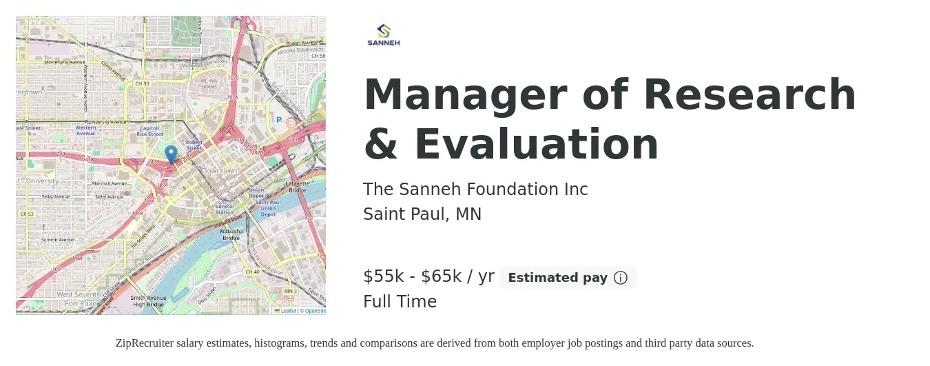 The Sanneh Foundation Inc job posting for a Manager of Research & Evaluation in Saint Paul, MN with a salary of $55,000 to $65,000 Yearly with a map of Saint Paul location.