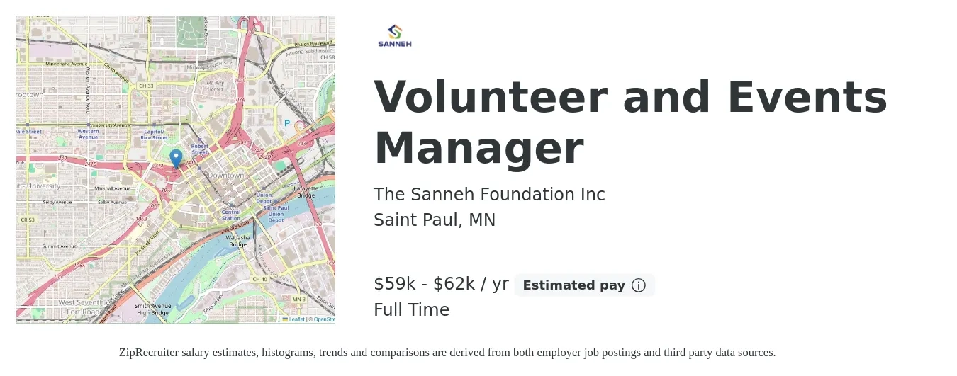 The Sanneh Foundation Inc job posting for a Volunteer and Events Manager in Saint Paul, MN with a salary of $59,000 to $62,000 Yearly with a map of Saint Paul location.