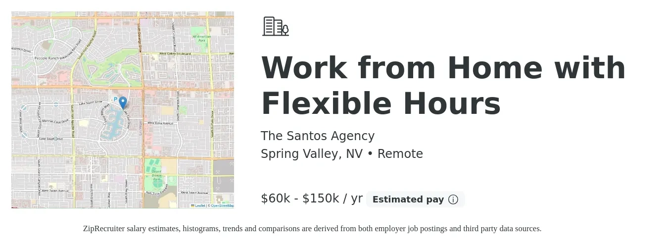 The Santos Agency job posting for a Remote Sales Associate in Spring Valley, NV with a salary of $60,000 to $150,000 Yearly with a map of Spring Valley location.