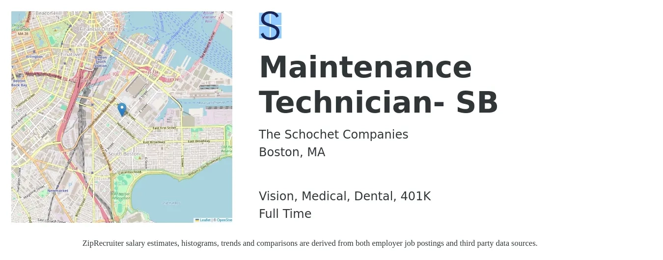 The Schochet Companies job posting for a Maintenance Technician- SB in Boston, MA with a salary of $21 to $29 Hourly and benefits including 401k, dental, life_insurance, medical, and vision with a map of Boston location.