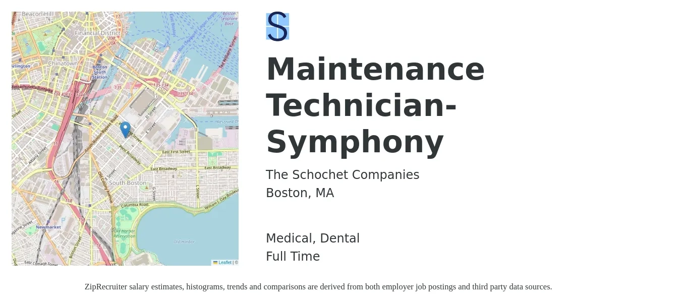 The Schochet Companies job posting for a Maintenance Technician- Symphony in Boston, MA with a salary of $21 to $29 Hourly and benefits including medical, pto, retirement, and dental with a map of Boston location.