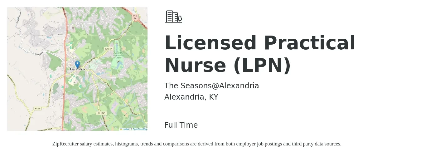The Seasons@Alexandria job posting for a Licensed Practical Nurse (LPN) in Alexandria, KY with a salary of $24 to $33 Hourly with a map of Alexandria location.