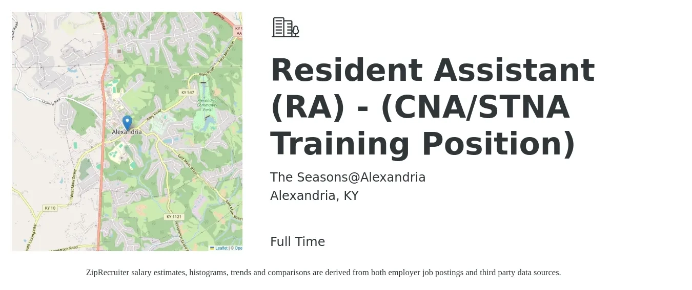 The Seasons@Alexandria job posting for a Resident Assistant (RA) - (CNA/STNA Training Position) in Alexandria, KY with a salary of $14 to $19 Hourly with a map of Alexandria location.