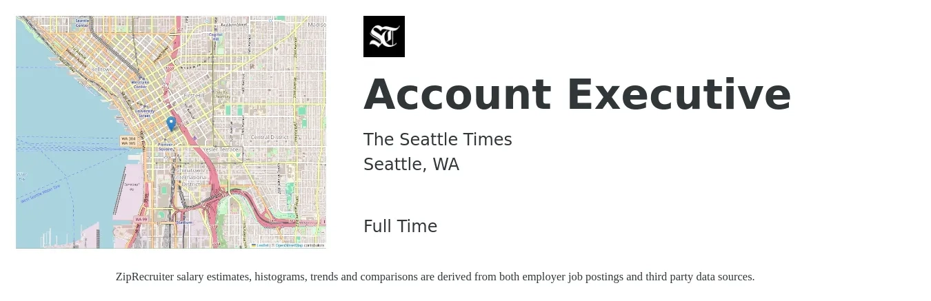 The Seattle Times job posting for a Account Executive in Seattle, WA with a salary of $74,000 to $83,200 Yearly with a map of Seattle location.