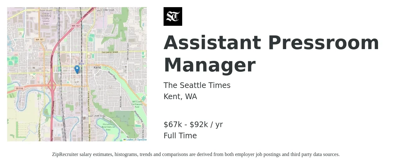 The Seattle Times job posting for a Assistant Pressroom Manager in Kent, WA with a salary of $67,100 to $92,200 Yearly with a map of Kent location.