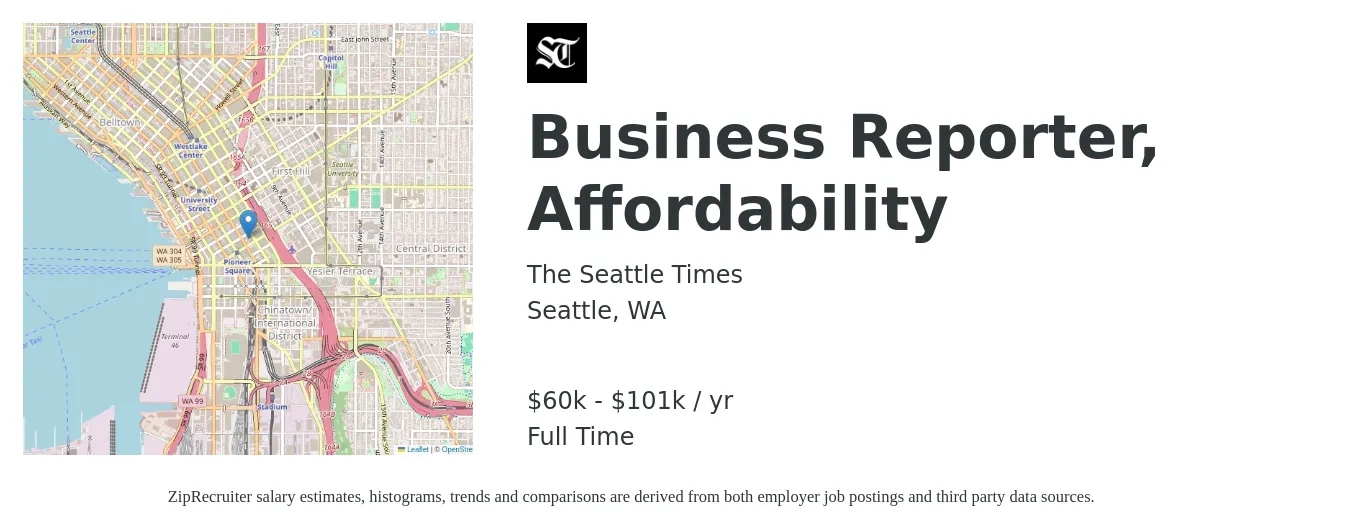 The Seattle Times job posting for a Business Reporter, Affordability in Seattle, WA with a salary of $60,000 to $101,500 Yearly with a map of Seattle location.
