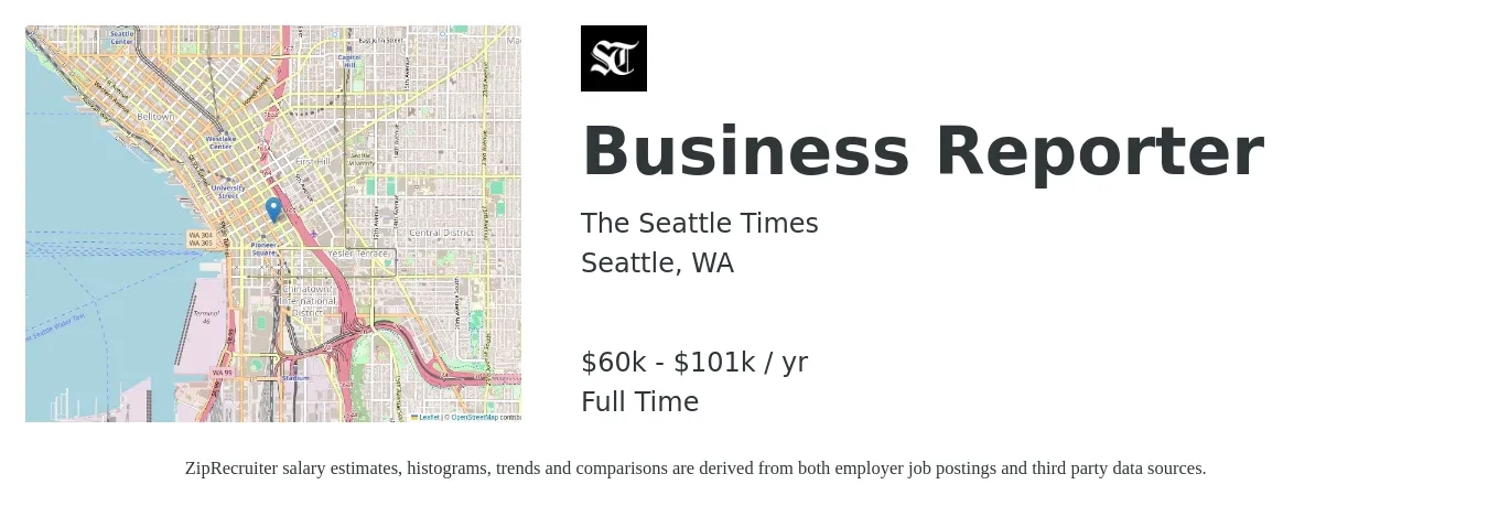 The Seattle Times job posting for a Business Reporter in Seattle, WA with a salary of $60,000 to $101,500 Yearly with a map of Seattle location.