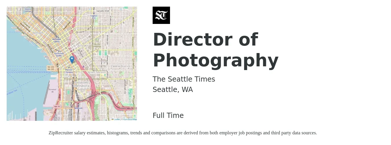 The Seattle Times job posting for a Director of Photography in Seattle, WA with a salary of $37,000 to $207,100 Yearly with a map of Seattle location.