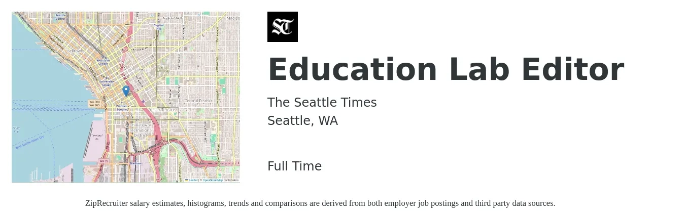 The Seattle Times job posting for a Education Lab Editor in Seattle, WA with a salary of $85,600 to $117,700 Yearly with a map of Seattle location.
