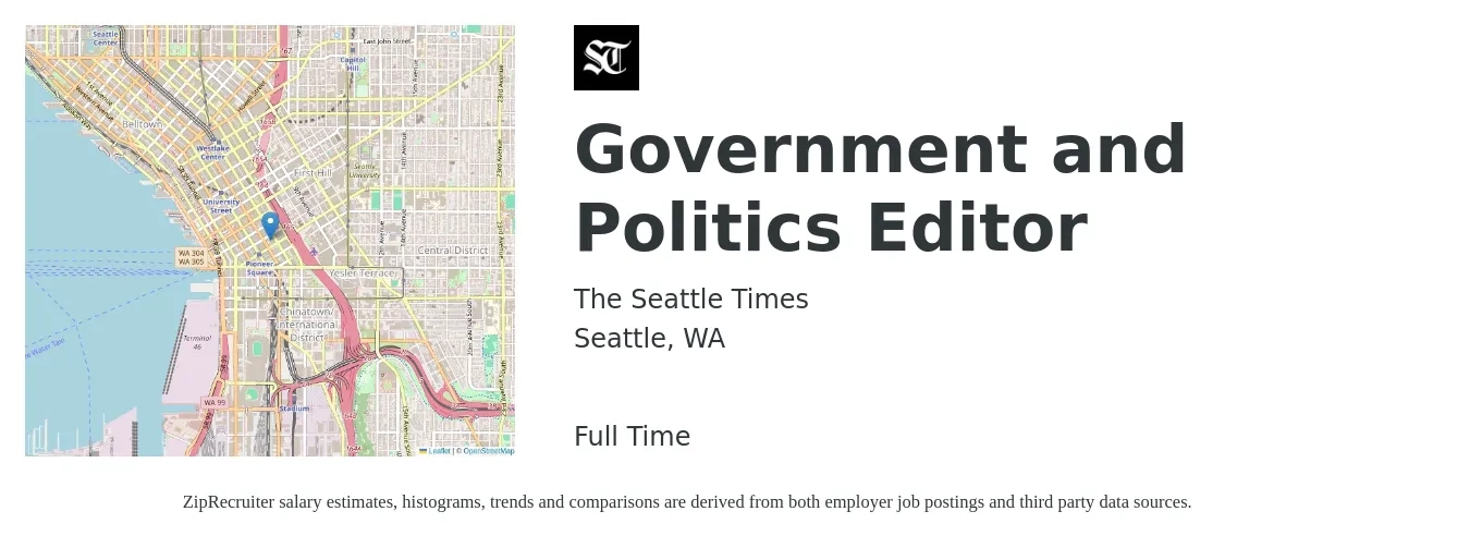 The Seattle Times job posting for a Government and Politics Editor in Seattle, WA with a salary of $77,700 to $106,800 Yearly with a map of Seattle location.