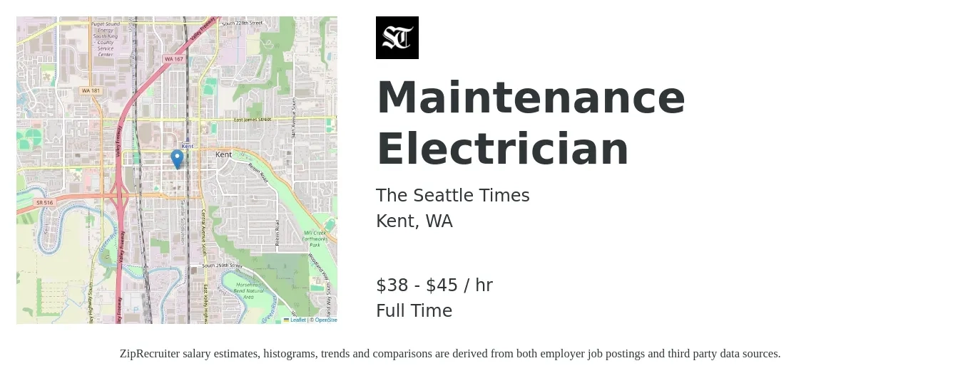 The Seattle Times job posting for a Maintenance Electrician in Kent, WA with a salary of $40 to $47 Hourly with a map of Kent location.
