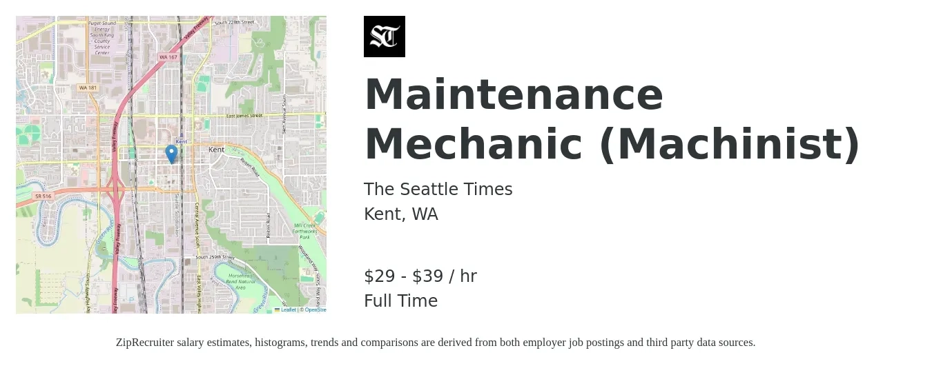 The Seattle Times job posting for a Maintenance Mechanic (Machinist) in Kent, WA with a salary of $30 to $41 Hourly with a map of Kent location.