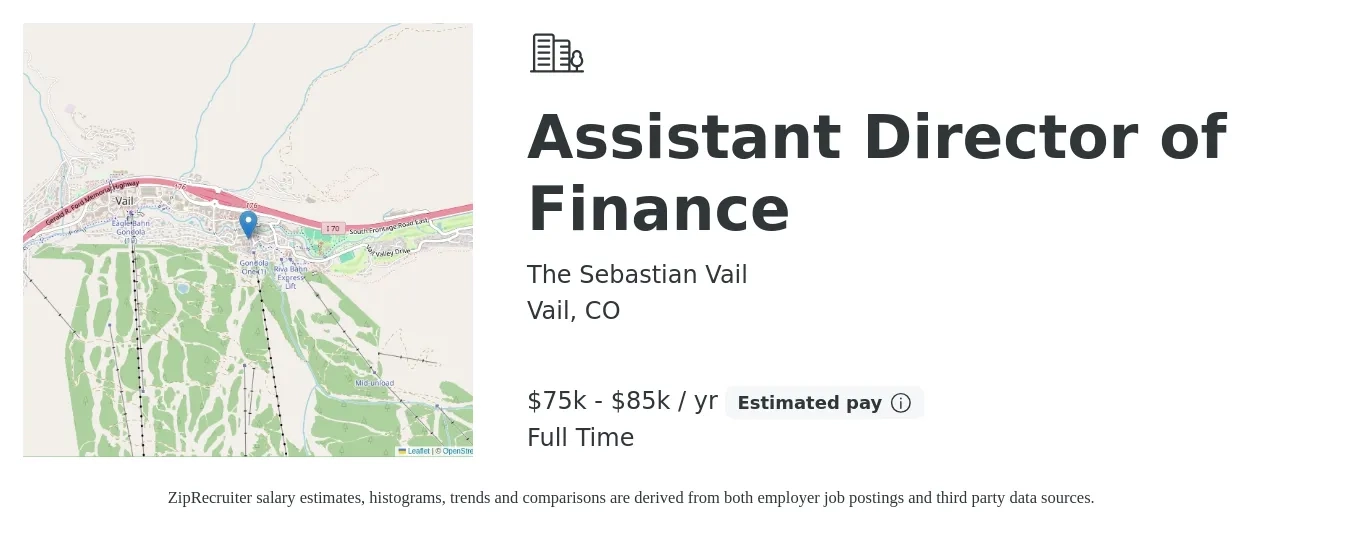 The Sebastian Vail job posting for a Assistant Director of Finance in Vail, CO with a salary of $75,000 to $85,000 Yearly with a map of Vail location.