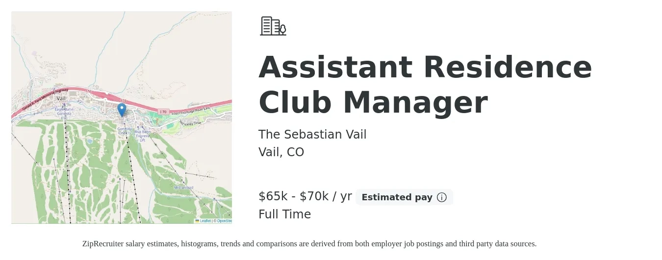 The Sebastian Vail job posting for a Assistant Residence Club Manager in Vail, CO with a salary of $65,000 to $70,000 Yearly with a map of Vail location.