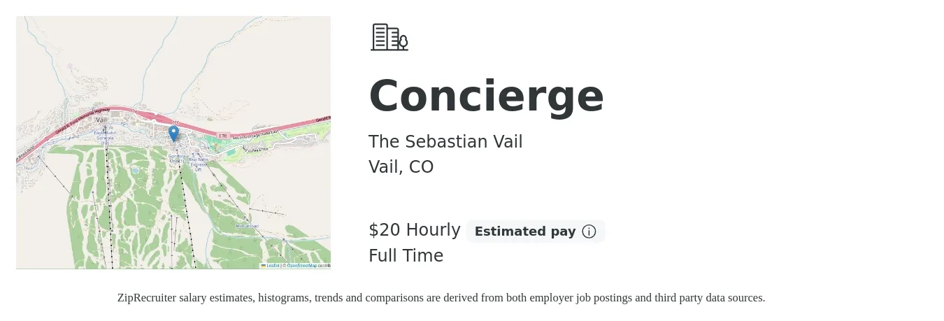 The Sebastian Vail job posting for a Concierge in Vail, CO with a salary of $21 Hourly with a map of Vail location.