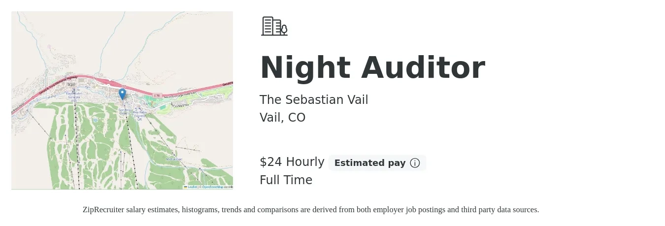 The Sebastian Vail job posting for a Night Auditor in Vail, CO with a salary of $25 Hourly with a map of Vail location.