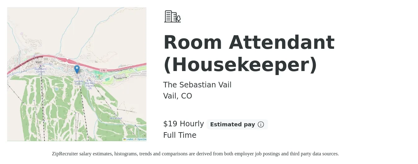 The Sebastian Vail job posting for a Room Attendant (Housekeeper) in Vail, CO with a salary of $20 Hourly with a map of Vail location.