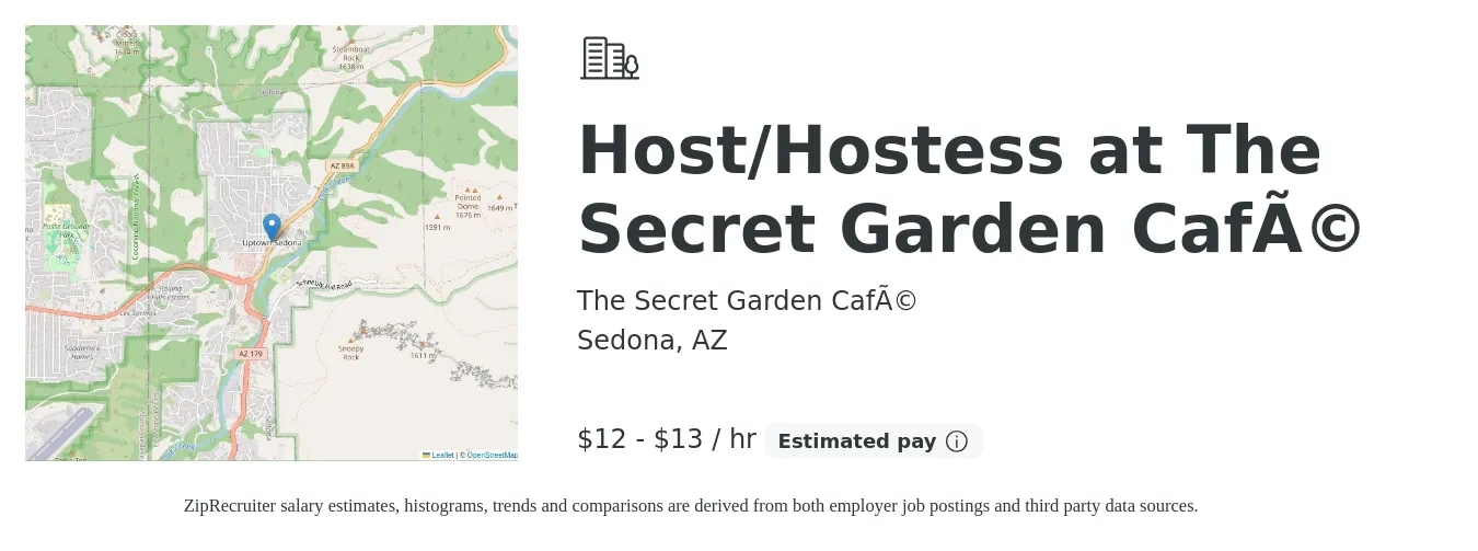 The Secret Garden Café job posting for a Host/Hostess at The Secret Garden Café in Sedona, AZ with a salary of $13 to $14 Hourly with a map of Sedona location.