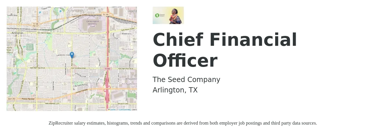 The Seed Company job posting for a Chief Financial Officer in Arlington, TX with a salary of $125,800 to $356,900 Yearly with a map of Arlington location.