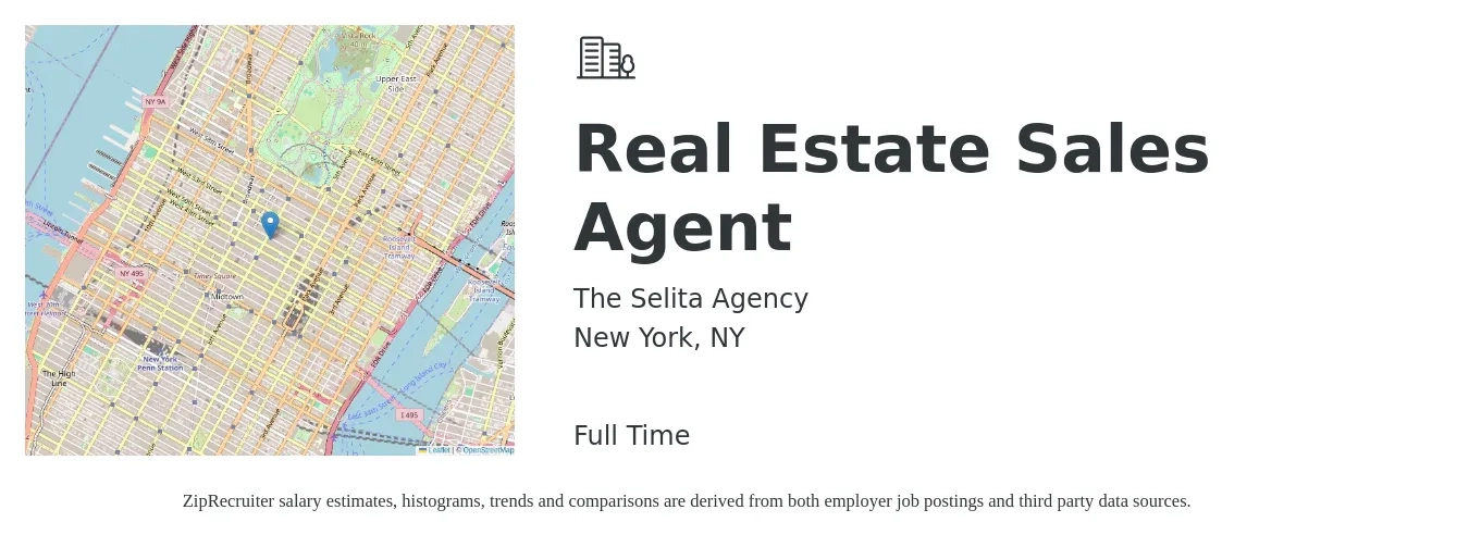 The Selita Agency job posting for a Real Estate Sales Agent in New York, NY with a salary of $150,000 Yearly with a map of New York location.