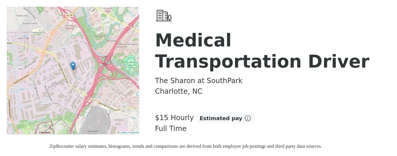 The Sharon at SouthPark job posting for a Medical Transportation Driver in Charlotte, NC with a salary of $16 Hourly with a map of Charlotte location.
