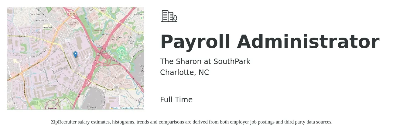 The Sharon at SouthPark job posting for a Payroll Administrator in Charlotte, NC with a salary of $23 to $31 Hourly with a map of Charlotte location.