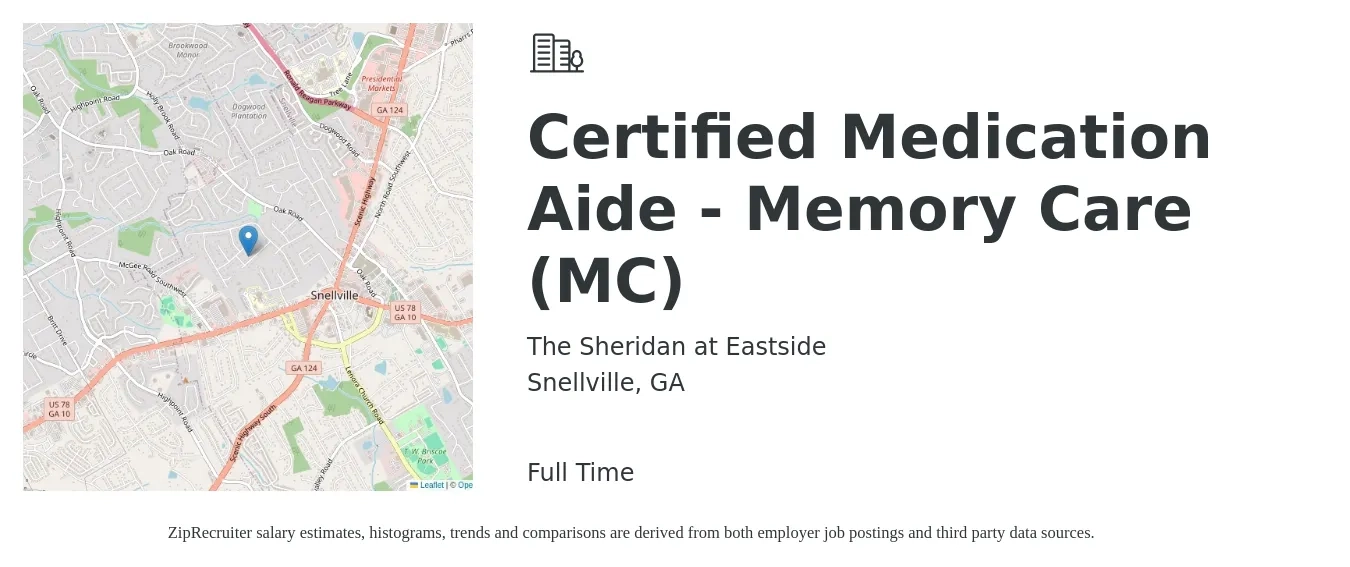 The Sheridan at Eastside job posting for a Certified Medication Aide - Memory Care (MC) in Snellville, GA with a salary of $14 to $17 Hourly with a map of Snellville location.