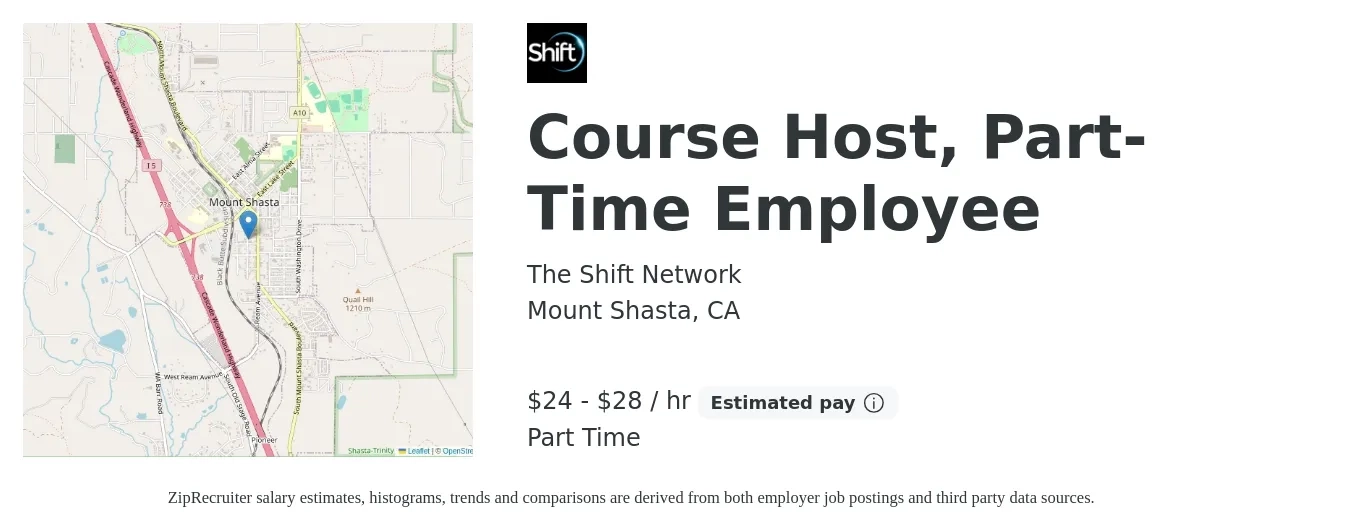 The Shift Network job posting for a Course Host, Part-Time Employee in Mount Shasta, CA with a salary of $25 to $30 Hourly with a map of Mount Shasta location.