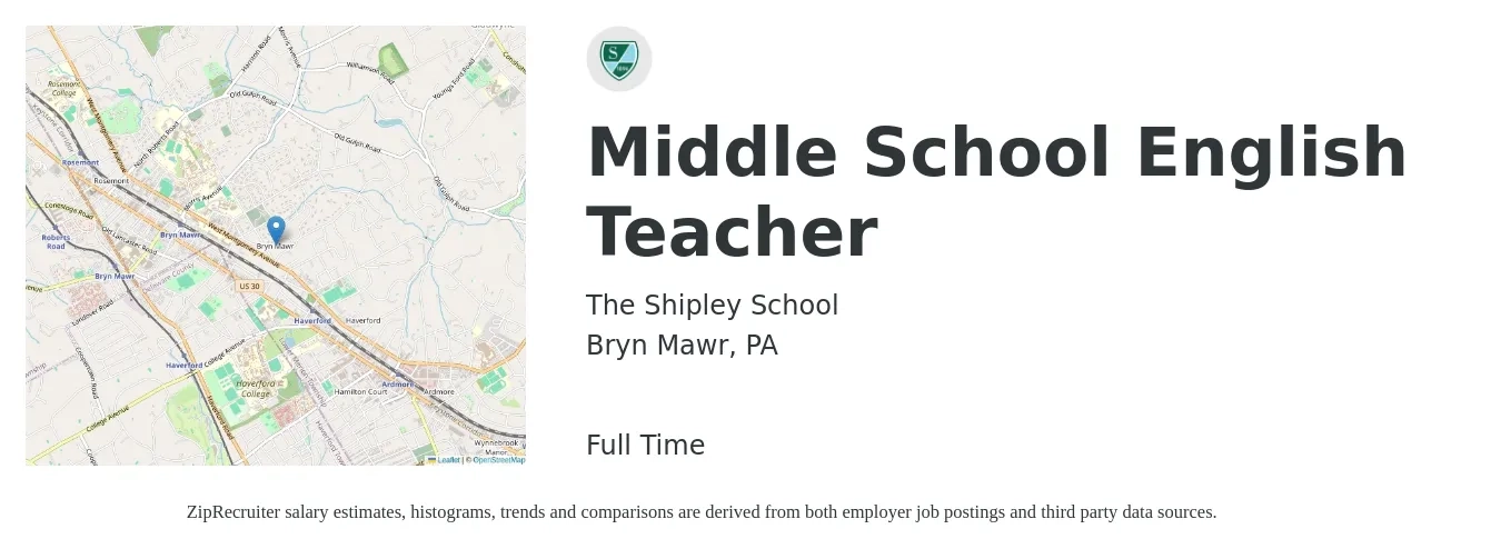 The Shipley School job posting for a Middle School English Teacher in Bryn Mawr, PA with a salary of $41,000 to $53,300 Yearly with a map of Bryn Mawr location.