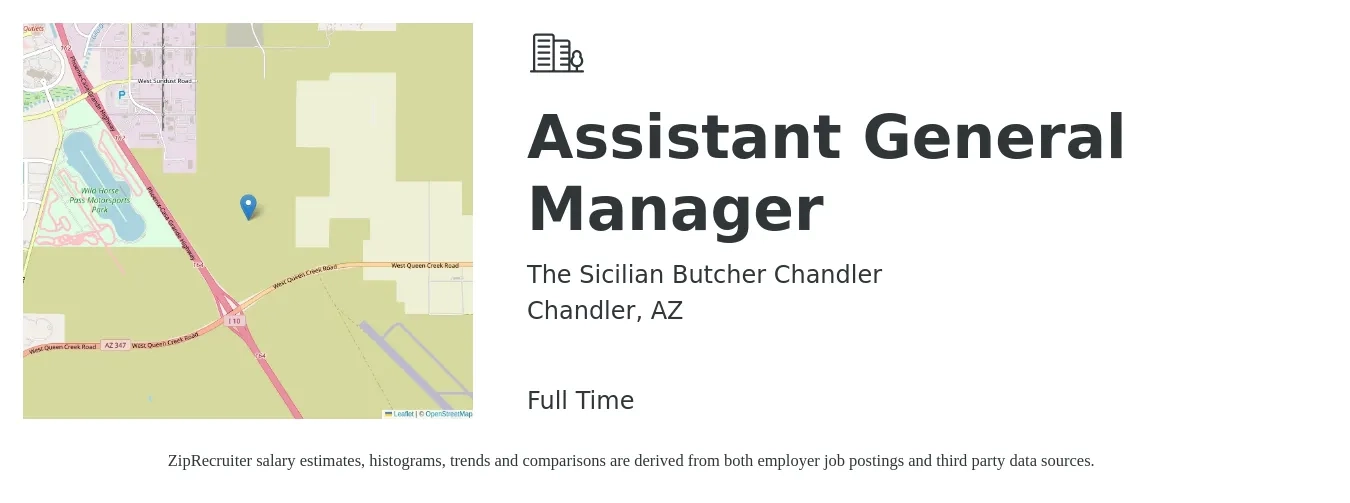 The Sicilian Butcher Chandler job posting for a Assistant General Manager in Chandler, AZ with a salary of $16 to $24 Hourly with a map of Chandler location.