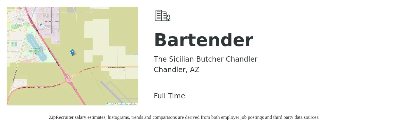 The Sicilian Butcher Chandler job posting for a Bartender in Chandler, AZ with a salary of $10 to $18 Hourly with a map of Chandler location.