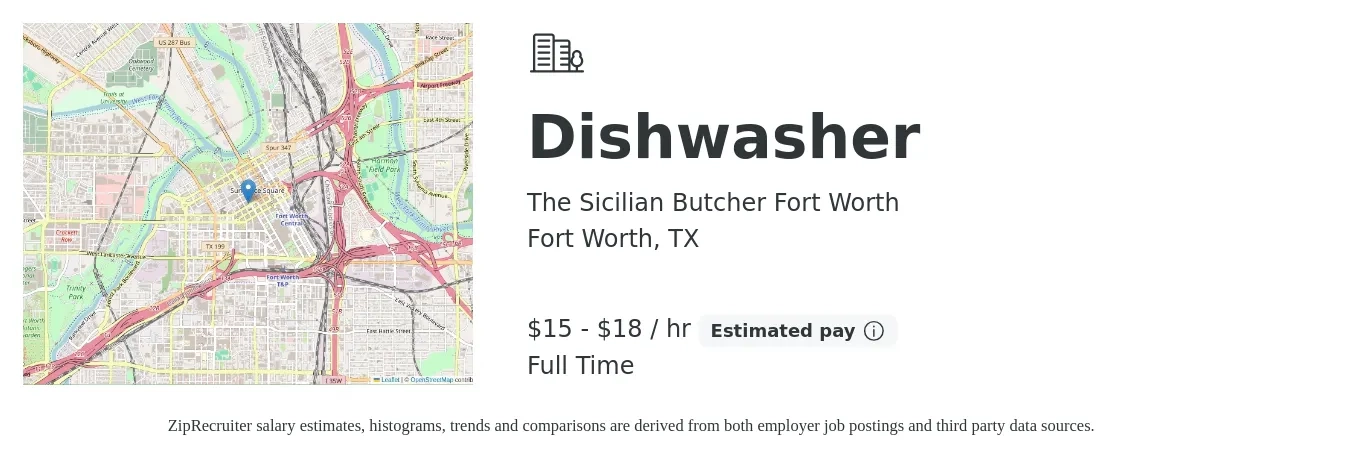 The Sicilian Butcher Fort Worth job posting for a Dishwasher in Fort Worth, TX with a salary of $16 to $19 Hourly with a map of Fort Worth location.
