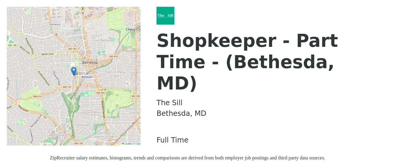 The Sill job posting for a Shopkeeper - Part Time - (Bethesda, MD) in Bethesda, MD with a salary of $17 to $21 Hourly with a map of Bethesda location.