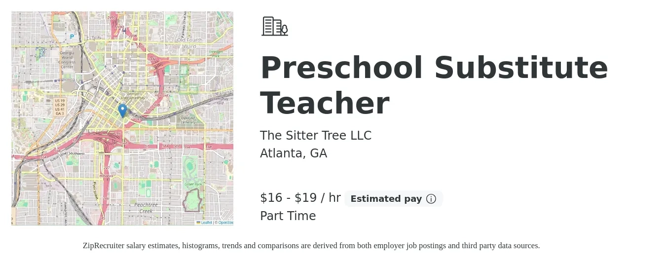 The Sitter Tree LLC job posting for a Preschool Substitute Teacher in Atlanta, GA with a salary of $17 to $20 Hourly with a map of Atlanta location.
