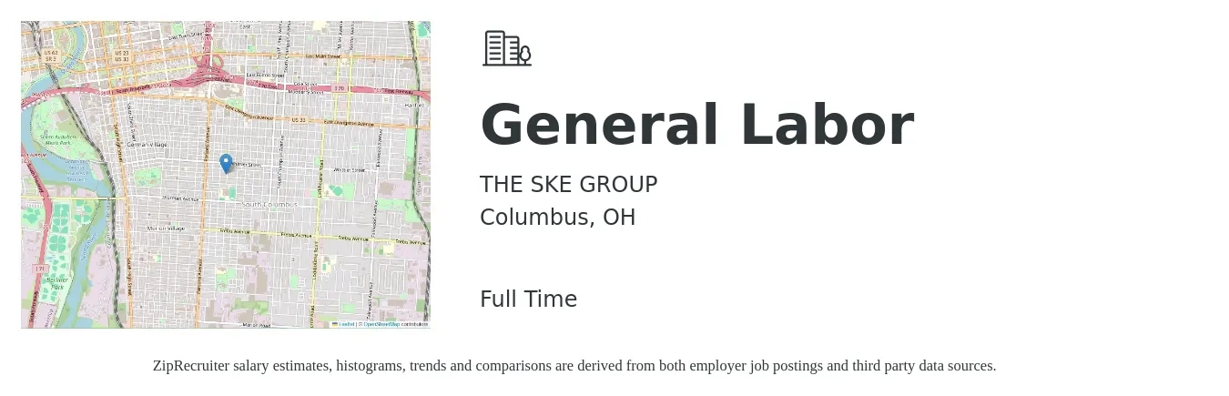 THE SKE GROUP job posting for a General Labor in Columbus, OH with a salary of $16 to $19 Hourly with a map of Columbus location.