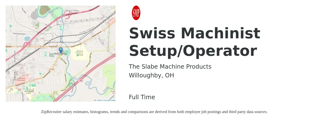 The Slabe Machine Products job posting for a Swiss Machinist Setup/Operator in Willoughby, OH with a salary of $18 to $25 Hourly with a map of Willoughby location.