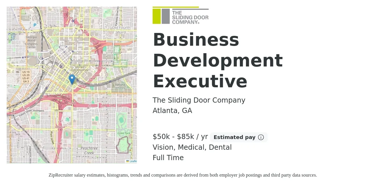The Sliding Door Company job posting for a Business Development Executive in Atlanta, GA with a salary of $50,000 to $80,000 Yearly with a map of Atlanta location.