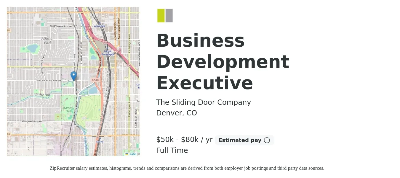 The Sliding Door Company job posting for a Business Development Executive in Denver, CO with a salary of $50,000 to $80,000 Yearly with a map of Denver location.