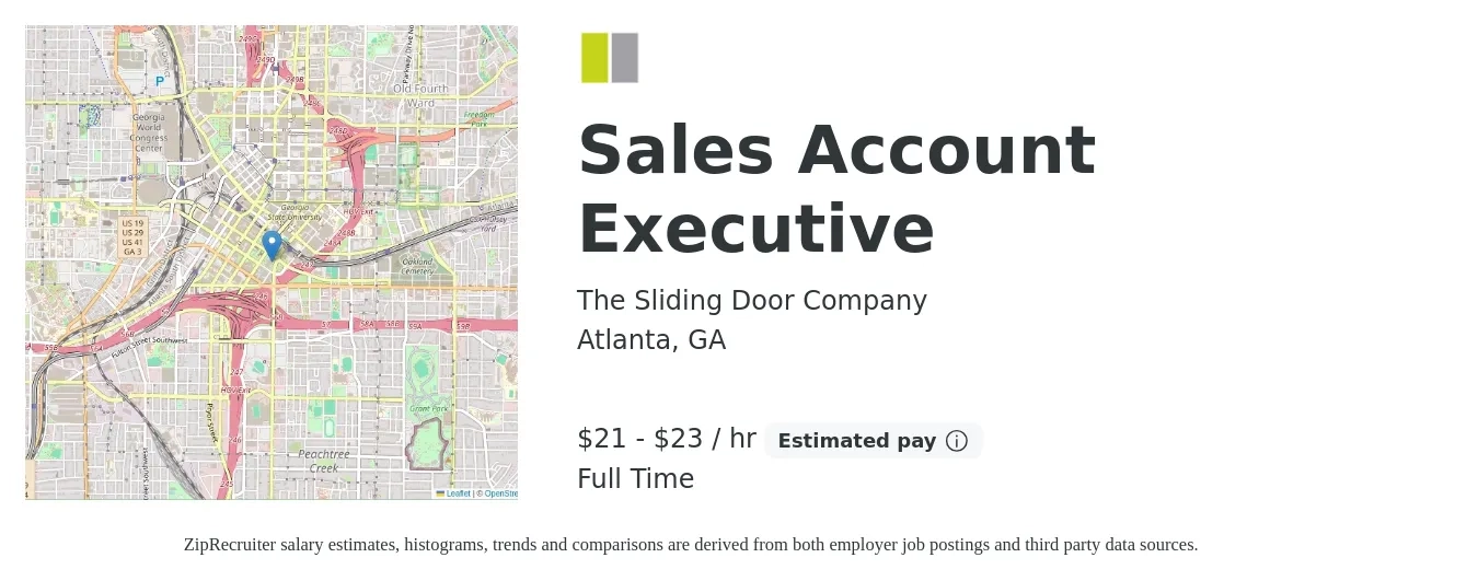 The Sliding Door Company job posting for a Sales Account Executive in Atlanta, GA with a salary of $22 to $24 Hourly with a map of Atlanta location.