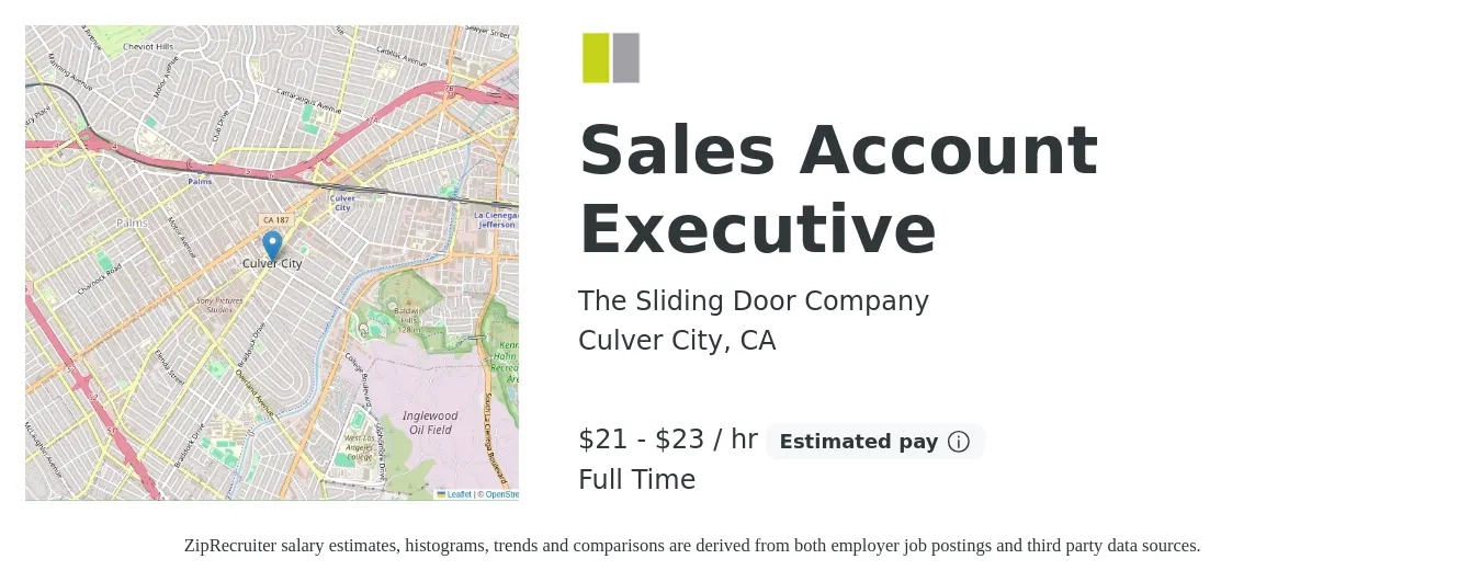 The Sliding Door Company job posting for a Sales Account Executive in Culver City, CA with a salary of $22 to $24 Hourly with a map of Culver City location.