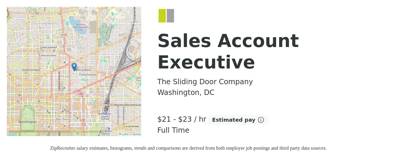 The Sliding Door Company job posting for a Sales Account Executive in Washington, DC with a salary of $50,000 to $75,000 Yearly and benefits including dental, life_insurance, medical, pto, and vision with a map of Washington location.