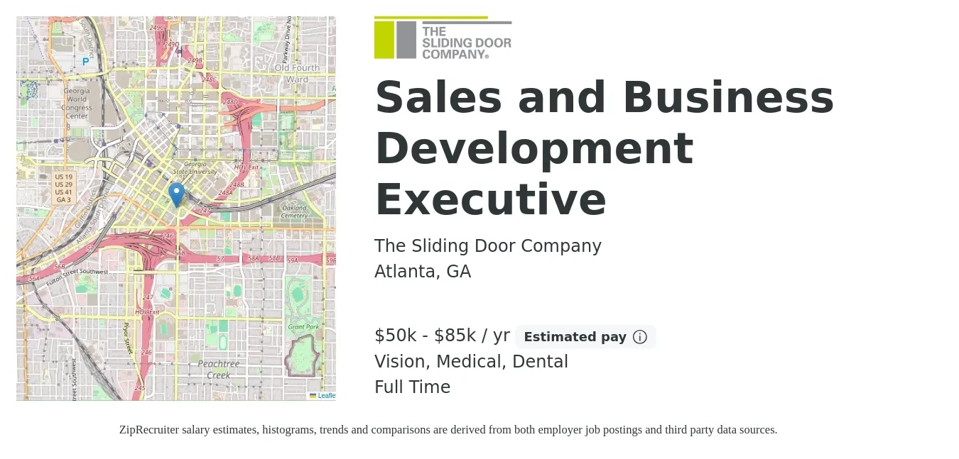 The Sliding Door Company job posting for a Sales and Business Development Executive in Atlanta, GA with a salary of $55,000 to $85,000 Yearly and benefits including dental, life_insurance, medical, pto, and vision with a map of Atlanta location.