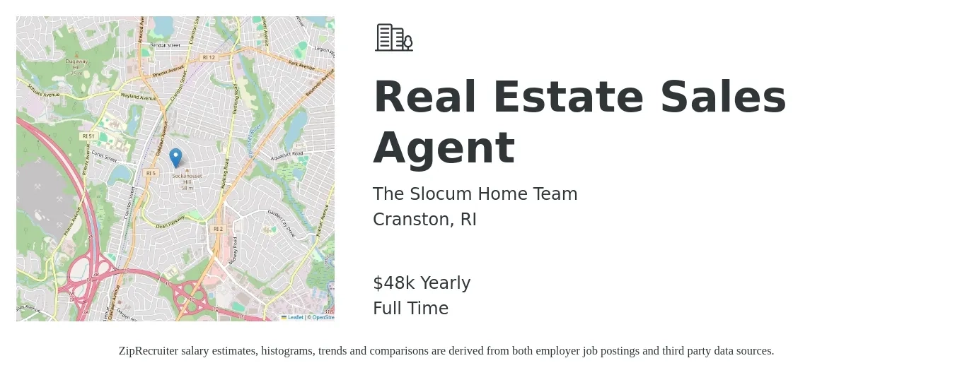 The Slocum Home Team job posting for a Real Estate Sales Agent in Cranston, RI with a salary of $48,227 Yearly with a map of Cranston location.