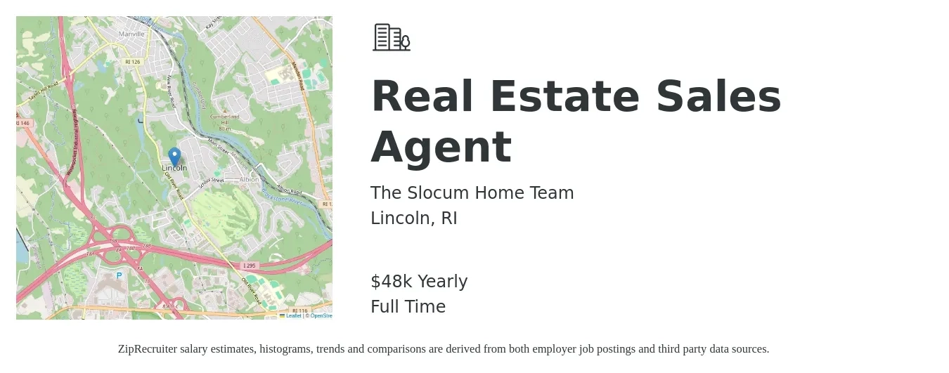 The Slocum Home Team job posting for a Real Estate Sales Agent in Lincoln, RI with a salary of $48,227 Yearly with a map of Lincoln location.
