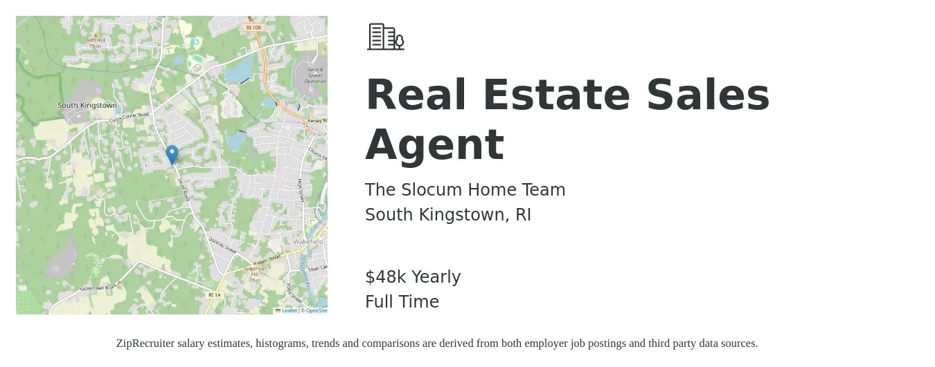 The Slocum Home Team job posting for a Real Estate Sales Agent in South Kingstown, RI with a salary of $48,227 Yearly with a map of South Kingstown location.